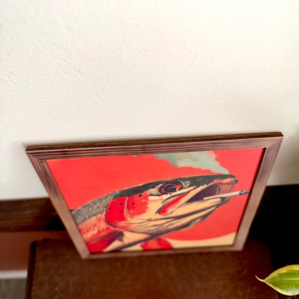 Trout Fish Smoking a Cigarette Vintage Style Wood Plaque Wall Hanging Art 8”